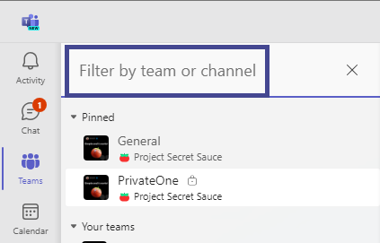 Screenshot of Microsoft Teams with an area highlighted where you can filter the names of teams or channels.
