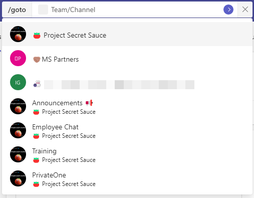 Screenshot of using the /goto command in Teams to navigate to a team or channel.