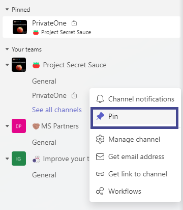 Screenshot of how to pin a channel in Teams.
