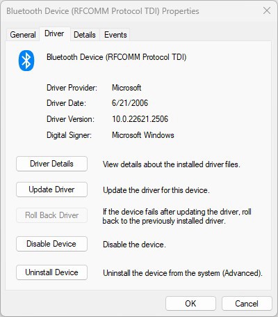 The Bluetooth Protocol Device says MS is the Driver Provider, dated 6/21/2006.
