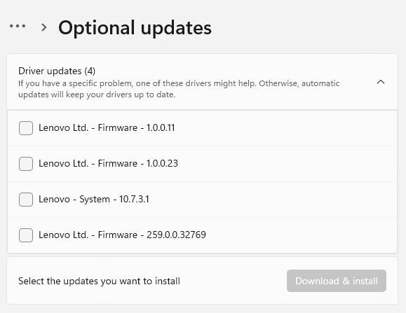 Screenshot: for this ThinkPad P16, Windows Update offers 4 optional driver updates.