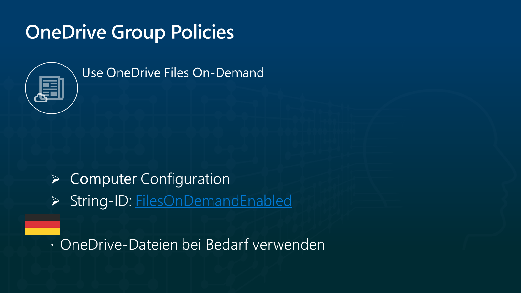 The image shows an icon for the group policy Use OneDrive files on demand and the corresponding string ID: FilesOnDemandEnabled in the computer configuration.