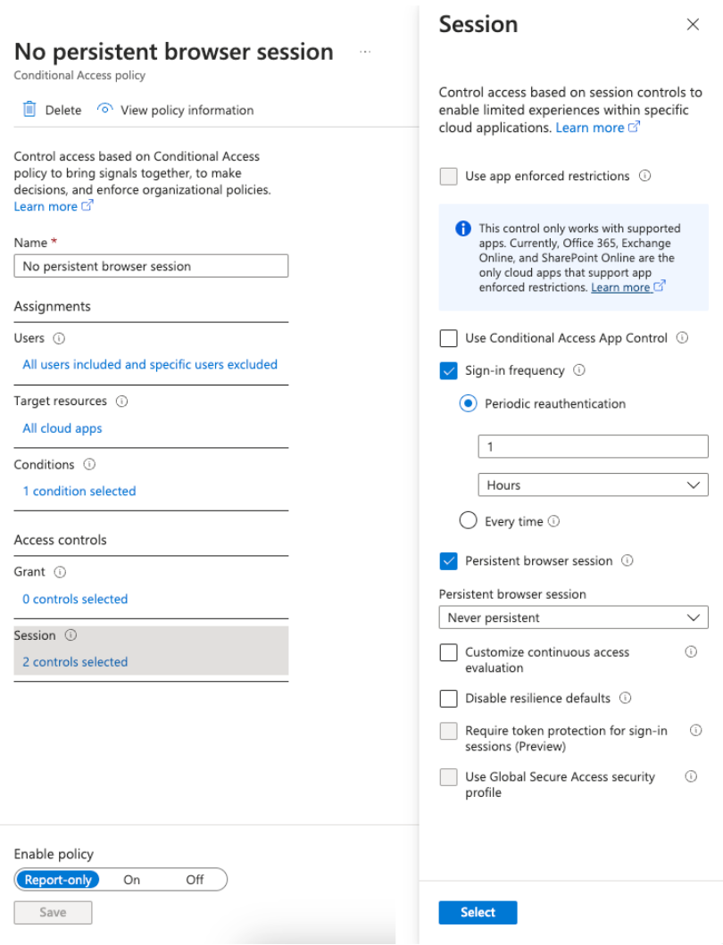 Screenshot of how to set Conditional Access policies for browser sessions.