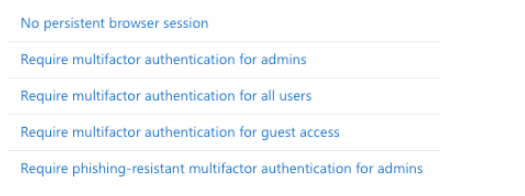 Screenshot of recommended settings for setting Conditional Access policies