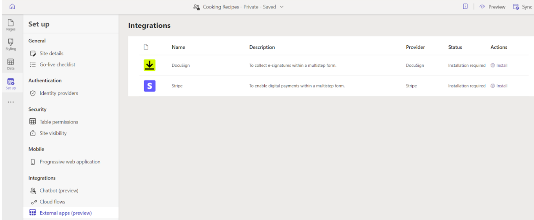 An image showing the Integrations page with options to install DocuSign and Stripe in Power Pages.
