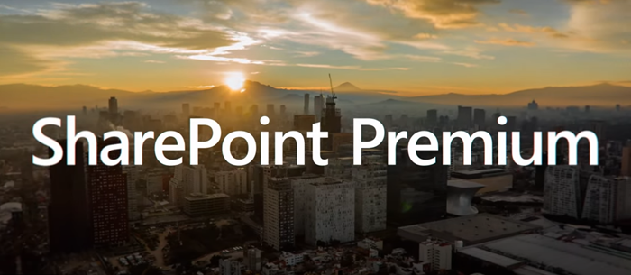 Image of a city with the words SharePoint Premium, taken from a video posted in a blog post by Jeff Teper announcing SharePoint Premium. Image owned by Microsoft.