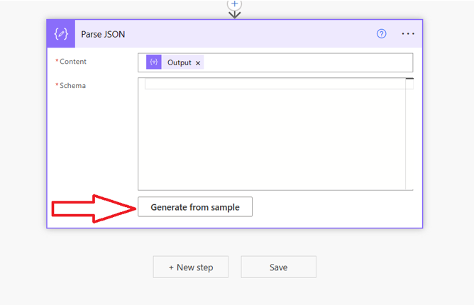 Screenshot shows the Parse JSON action with a red arrow pointing at the Generate form sample button.