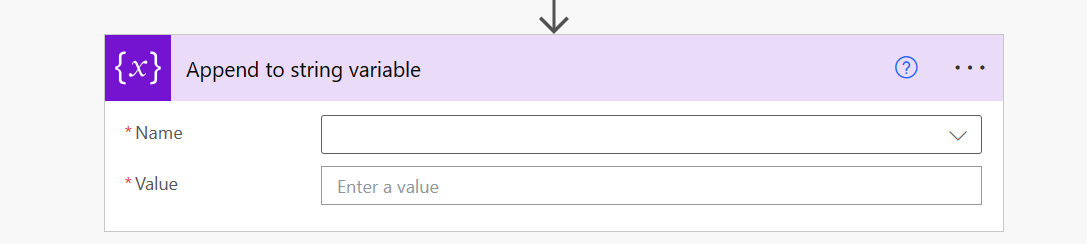 Screenshot of the Append to string variable with the name of the variable selected.