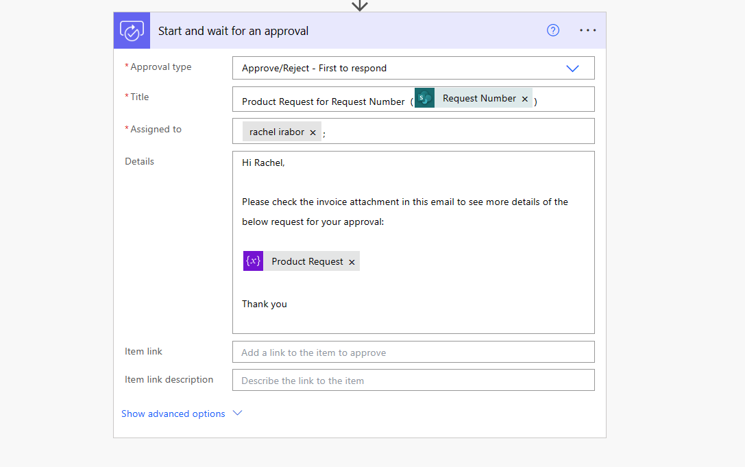 Screenshot shows the Start and wait for an approval action with the Product Request variable inserted into the email in the Details. 