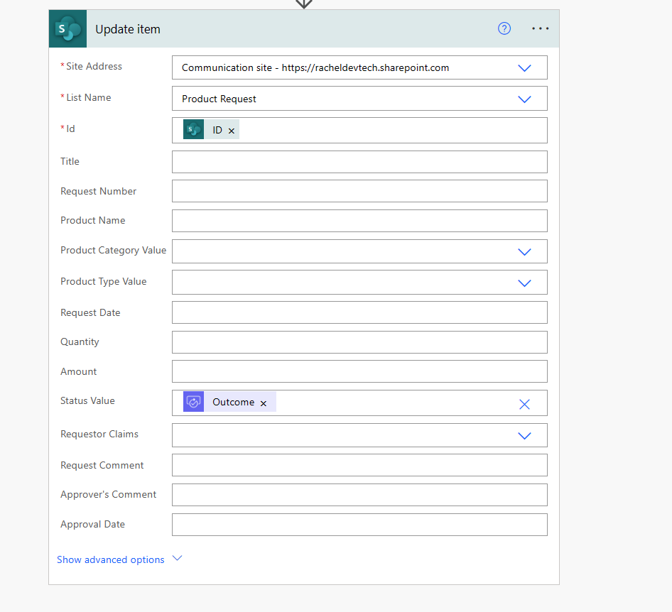 Screenshot shows the Update item action with the Outcome of the approval email selected in the Status Value field.