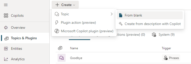 Screenshot of Microsoft Copilot Studio custom topic